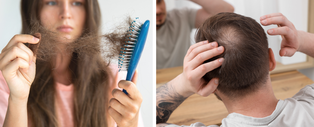 z lewej strony zmartwiona kobieta której na szczotce zostało bardzo dużo włosów z prawej zaniepokojony mężczyzna z przerzedzeniem włosów na czubku głowy