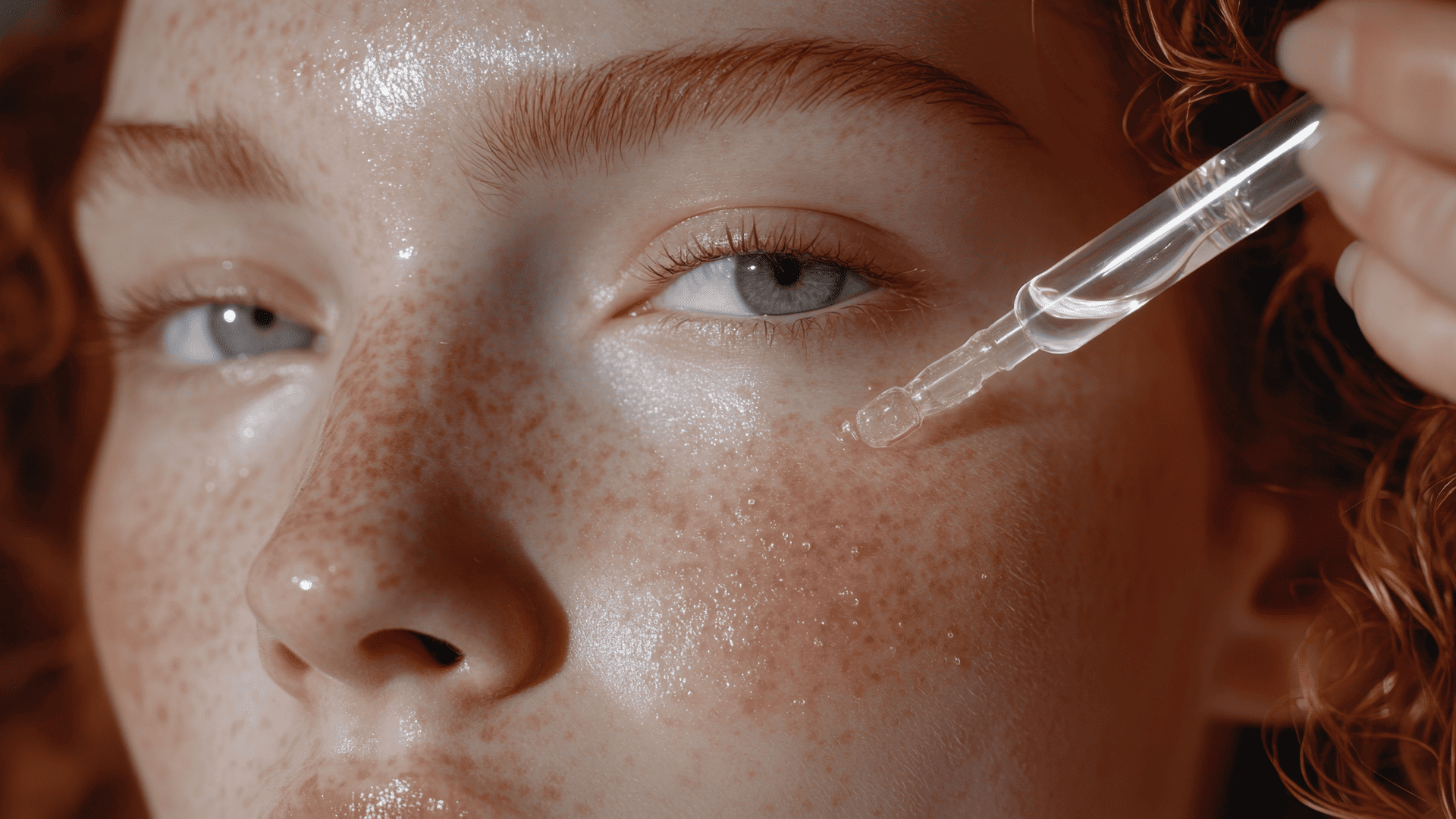 Twarz rudej kobiety z piegami. Na policzek ma nakładany przeźroczysty płyn z ampułki.